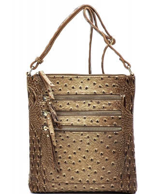 Ostrich Multi Zipper Crossbody Bag OS093 STONE
